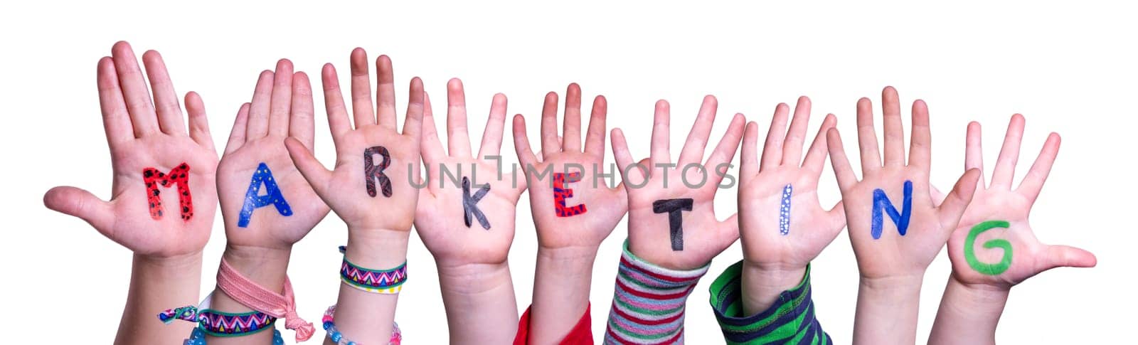 Children Hands Building Colorful English Word Marketing. Isolated White Background.