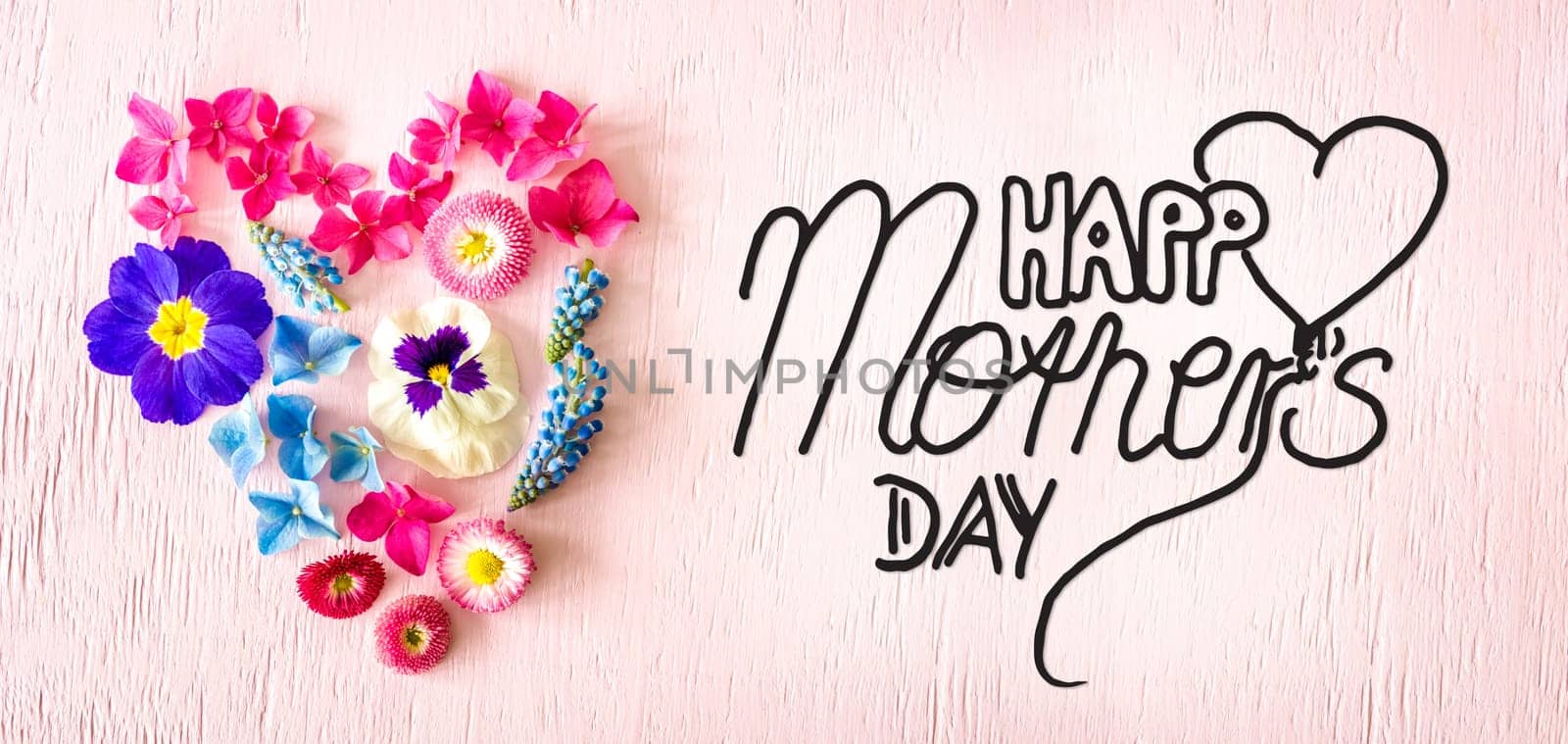 Wooden Background With English Calligraphy Happy Weekend. Colorful Spring Flower Blossoms Heart