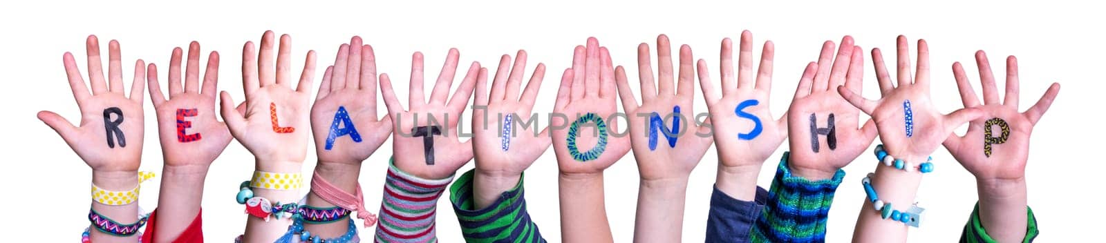 Children Hands Building Colorful English Word Relationship. White Isolated Background