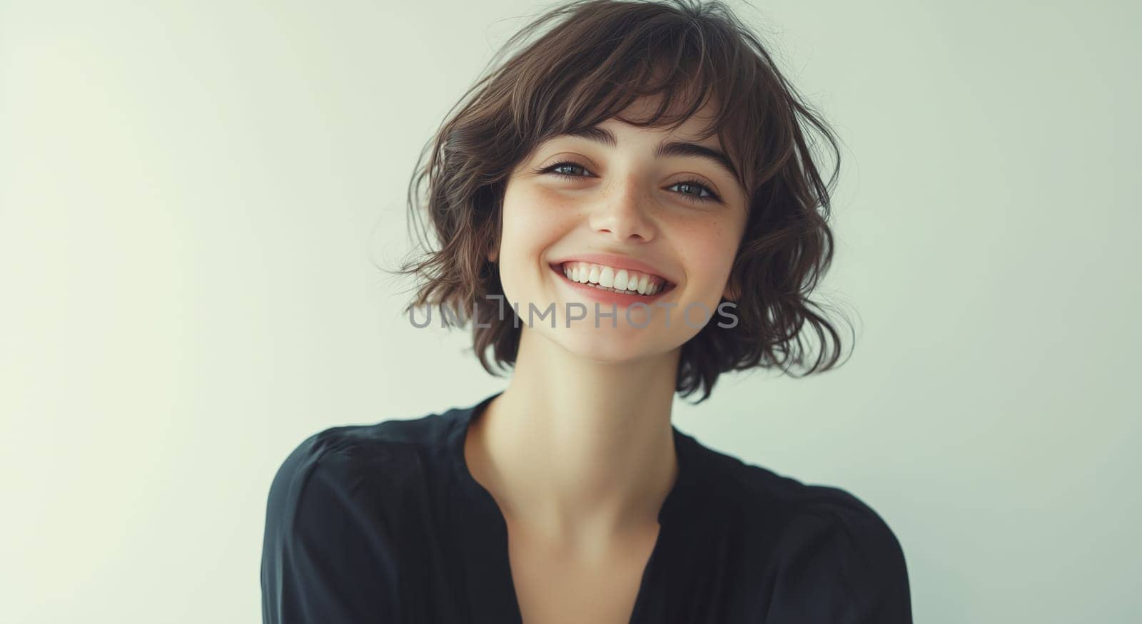 Portrait of beautiful happy smiling young woman with toothy smile, brunette hair, looking at camera on white background