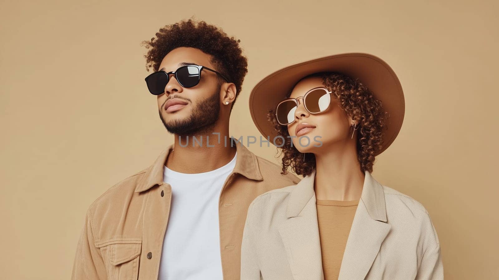 Portrait of stylish beautiful African woman and man, modern black American young couple wearing sunglasses, hat posing together on beige studio background