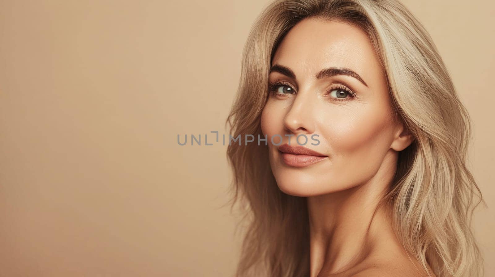 Portrait of beautiful mature woman, blonde hair, confident looking at camera on beige studio background