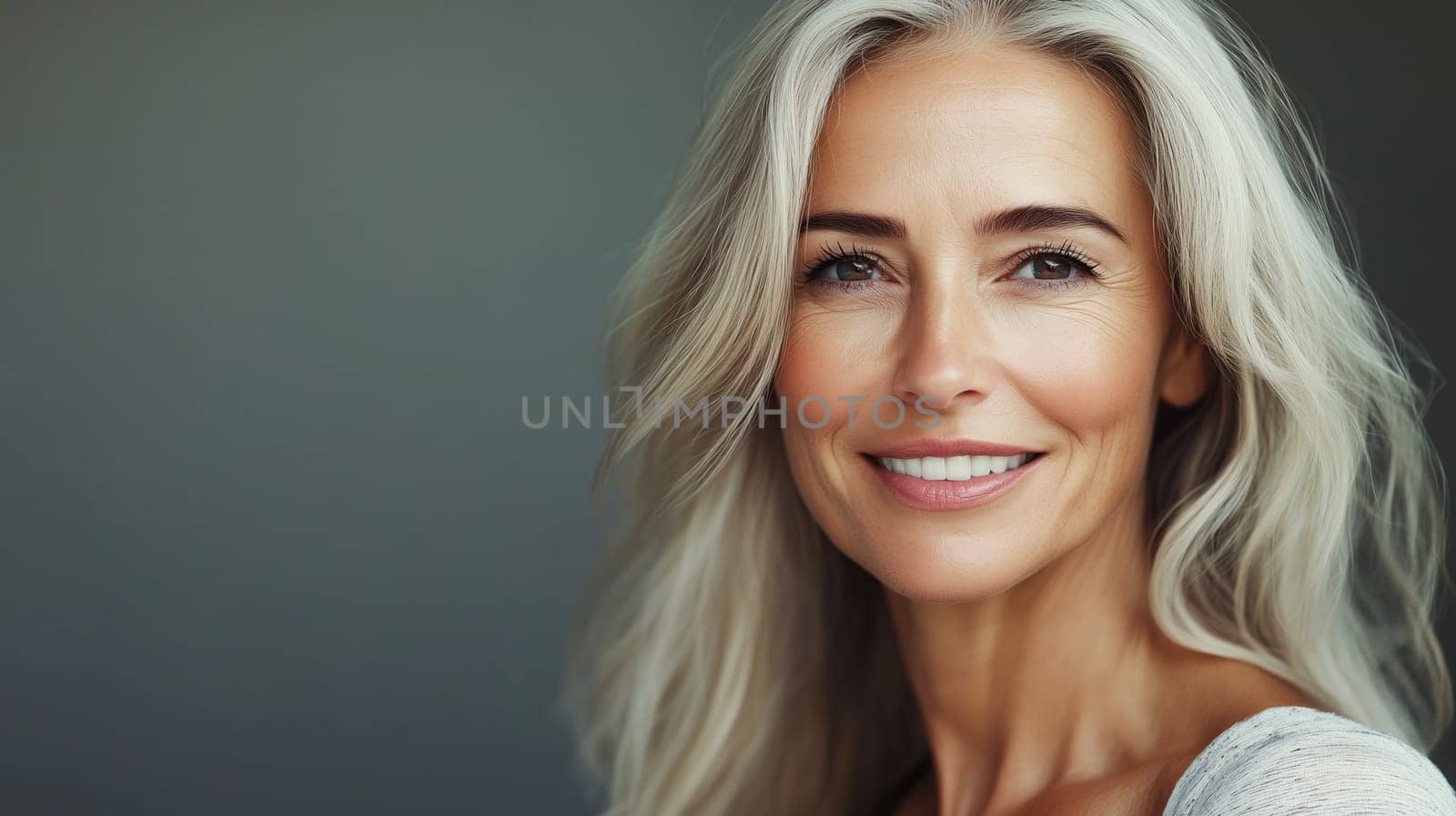 Portrait of beautiful happy smiling mature woman with gray hair, toothy smile looking at camera on studio background