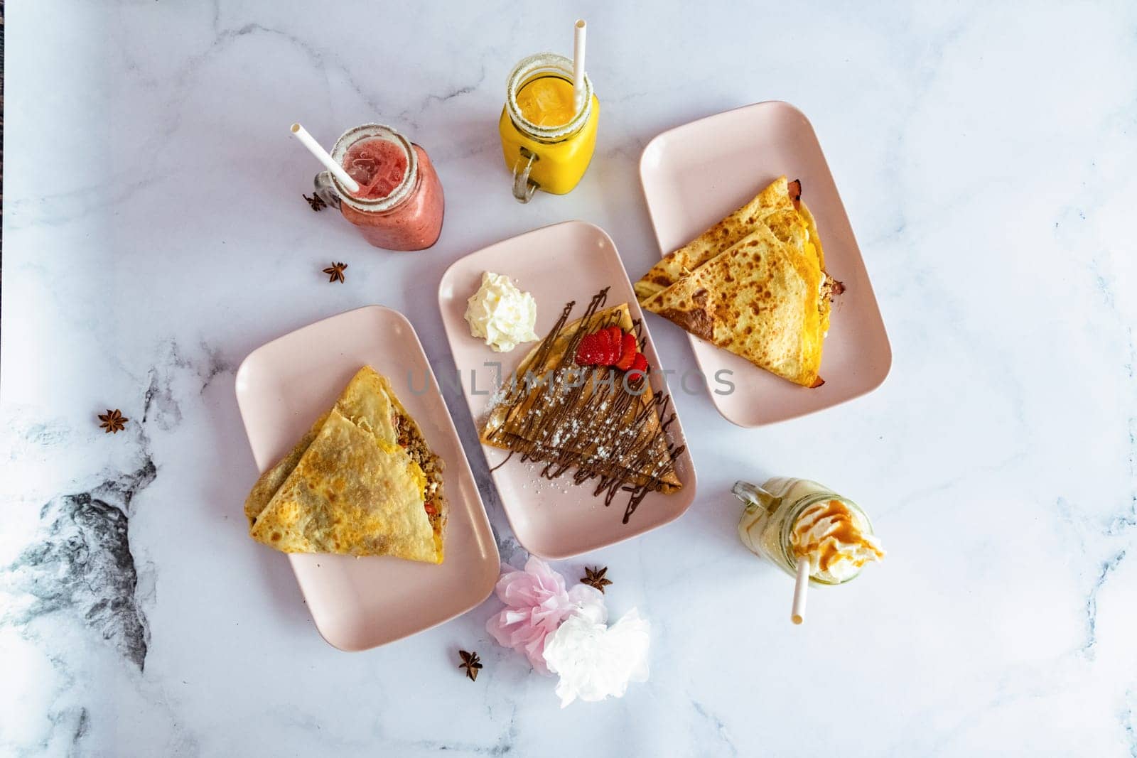 Tasted pancakes and smooties ready to be eat for brunch
