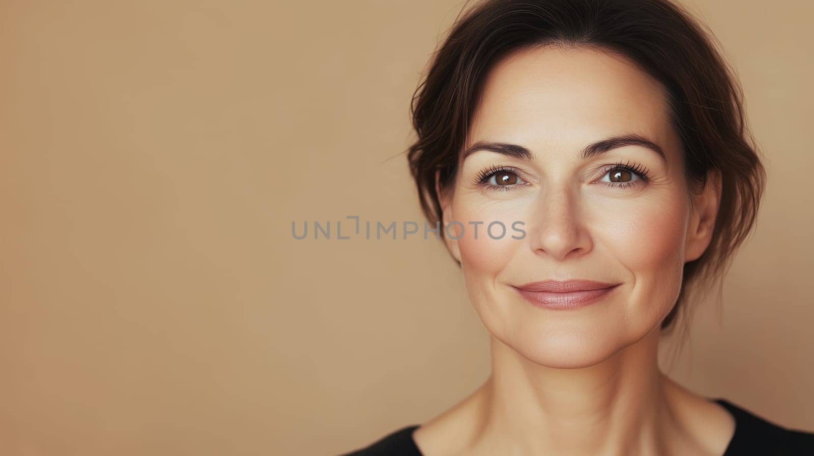 Portrait of beautiful happy smiling mature woman, brunette hair, looking at camera on beige studio background