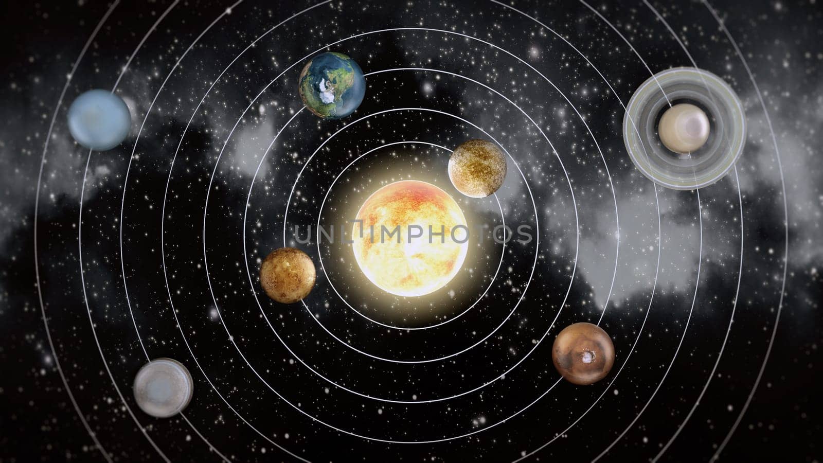 Solar system diagram with planets in orbit around the sun. 3D illustration.