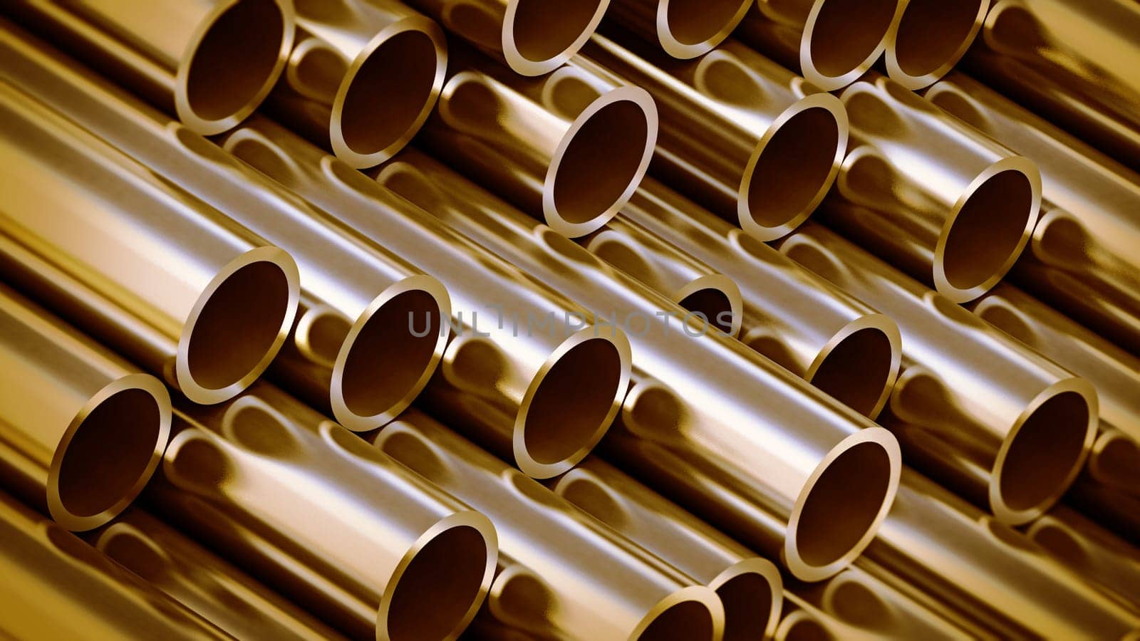 Gold tinted metal tubes stack background. 3D illustration.