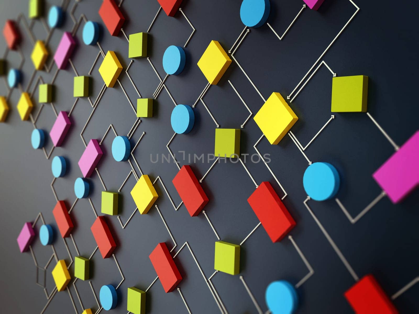 Software diagram or flowchart on black background. 3D illustration.