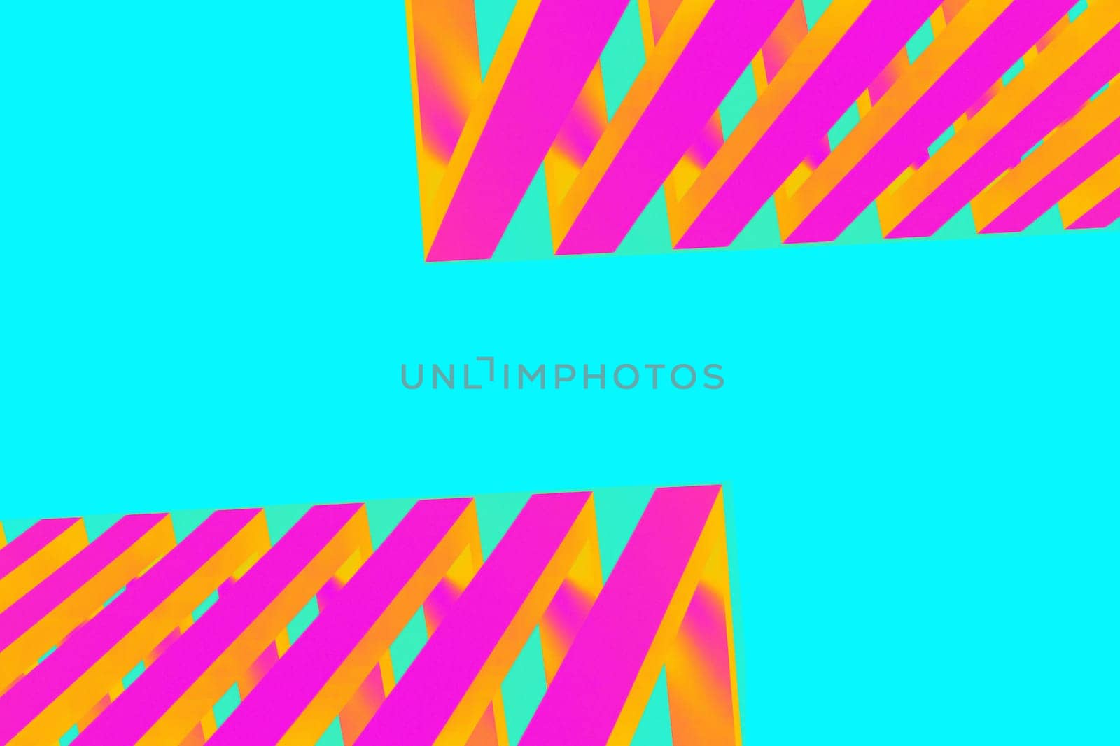 Abstract geometric background with vibrant pink and yellow 3D structures on a cyan backdrop. Modern digital artwork featuring parallel bars with a futuristic and minimalistic design.