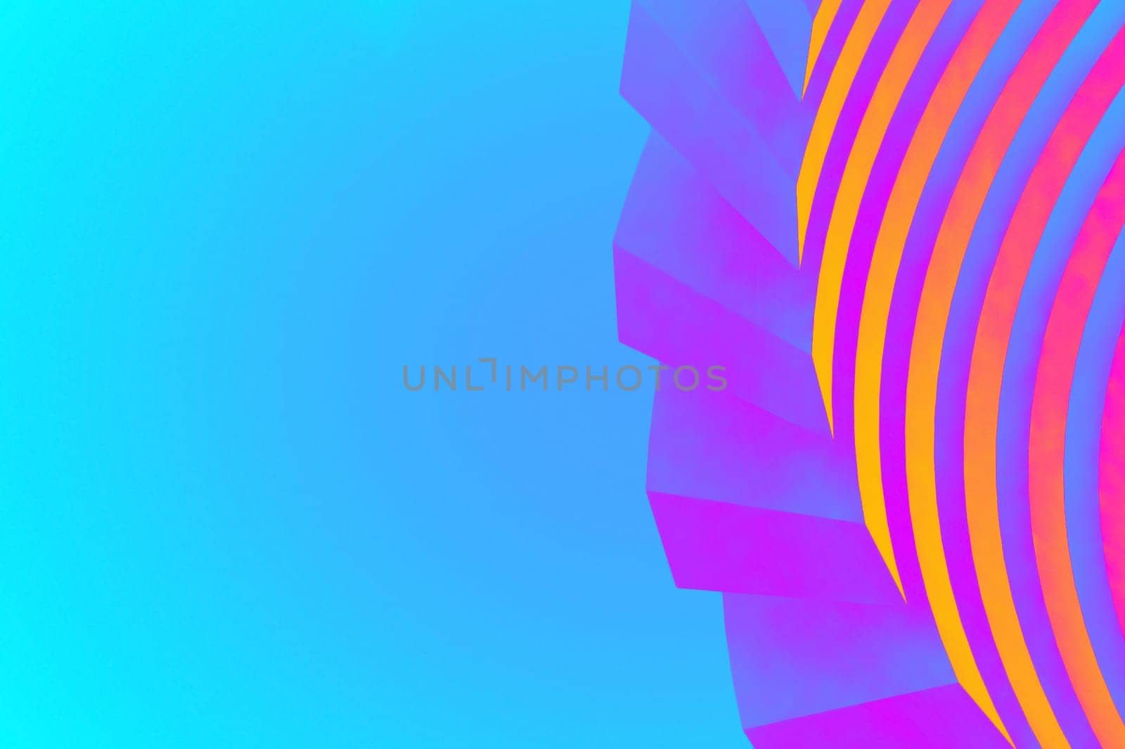 Abstract geometric background with bold pink, orange, and yellow curved shapes on a blue gradient backdrop. Futuristic modern design with vibrant colors and dynamic composition. Ideal for digital art, posters, and graphic design projects.