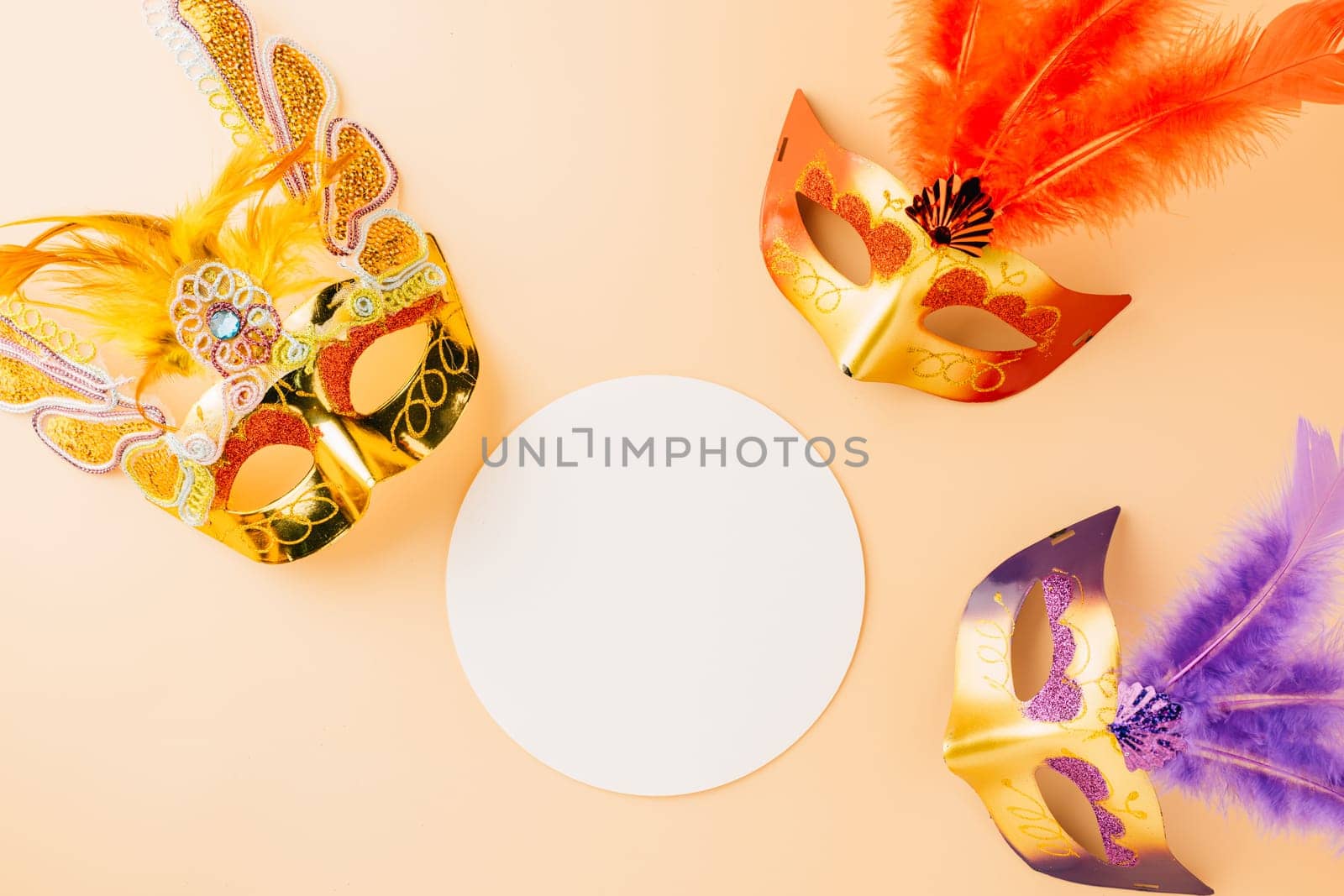 Happy Purim carnival decoration. Top view venetian ball mask with feather on pastel background white paper circle, Masquerade party, Jewish Purim in Hebrew, holiday background banner design