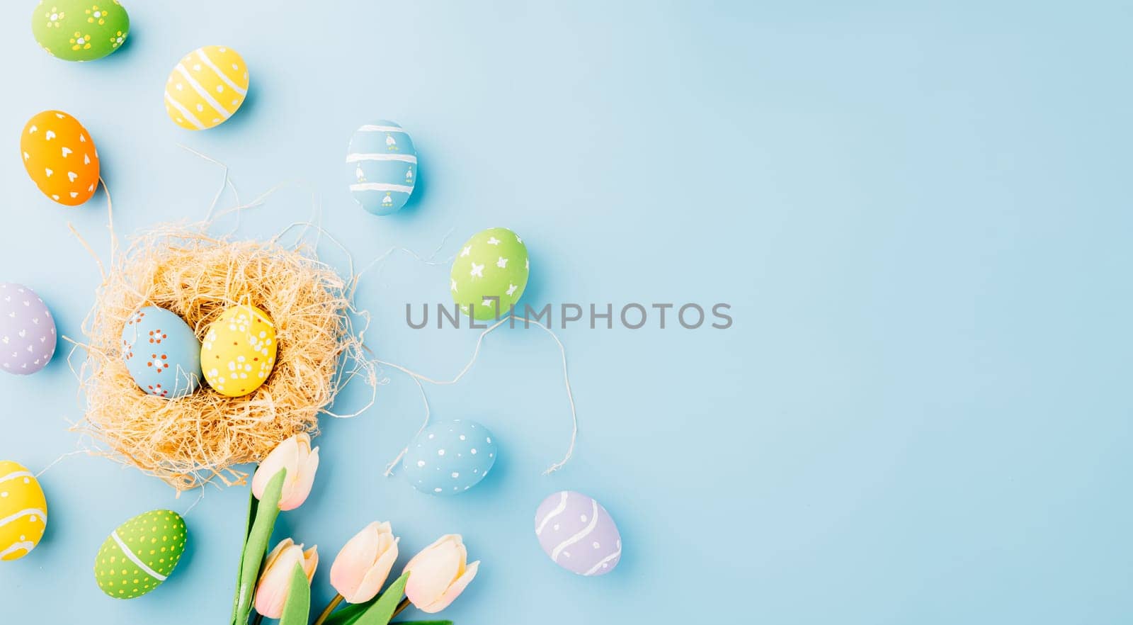 Top view holiday banner background web design white easter eggs in brown nest on white cement background with empty copy space, celebration greeting card, overhead, template, Happy Easter Day Concept