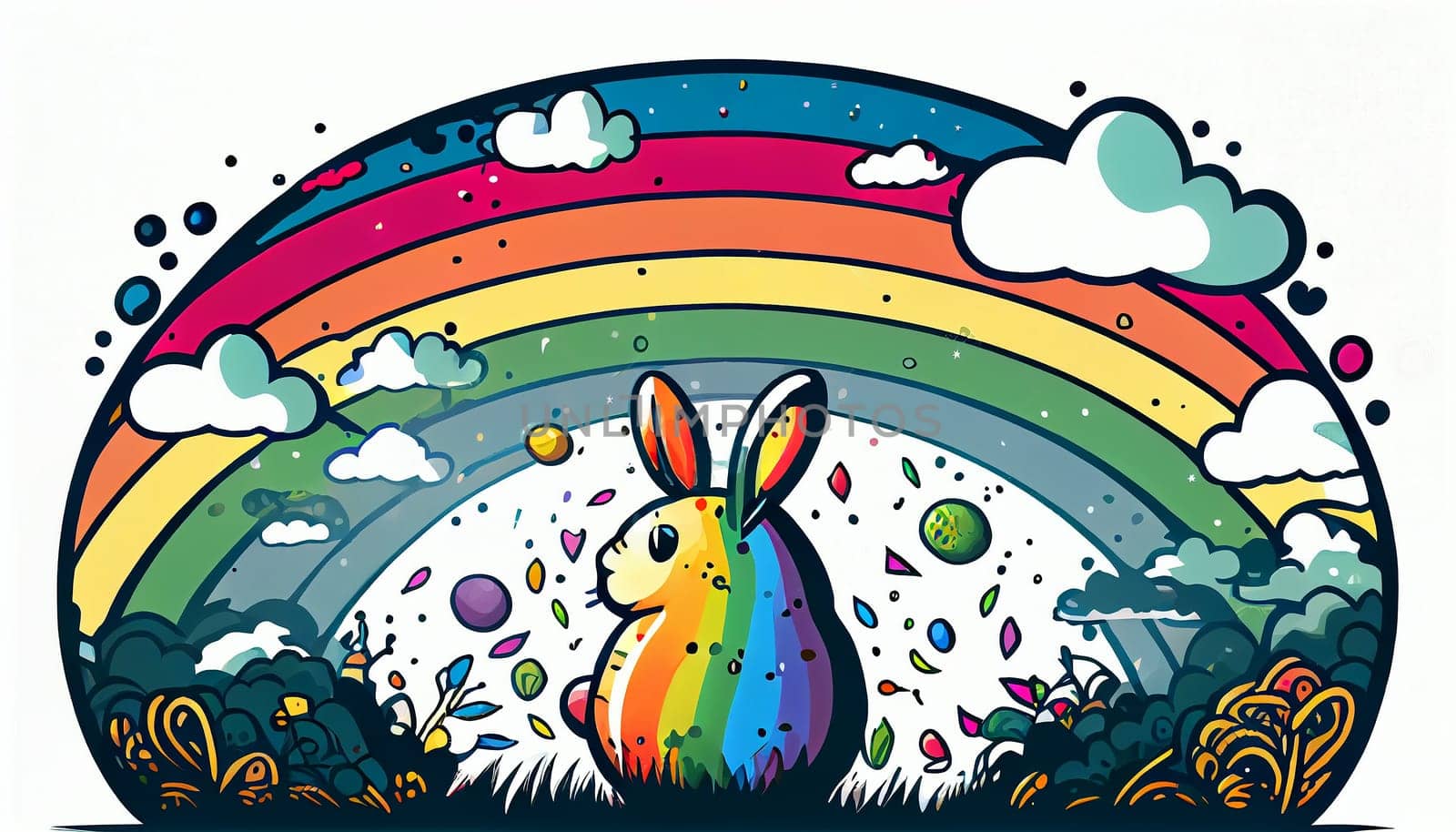 Easter Day Concept. Watercolor easter bunny in the eggs, elements illustrations, cartoon holiday painted background, AI Generative