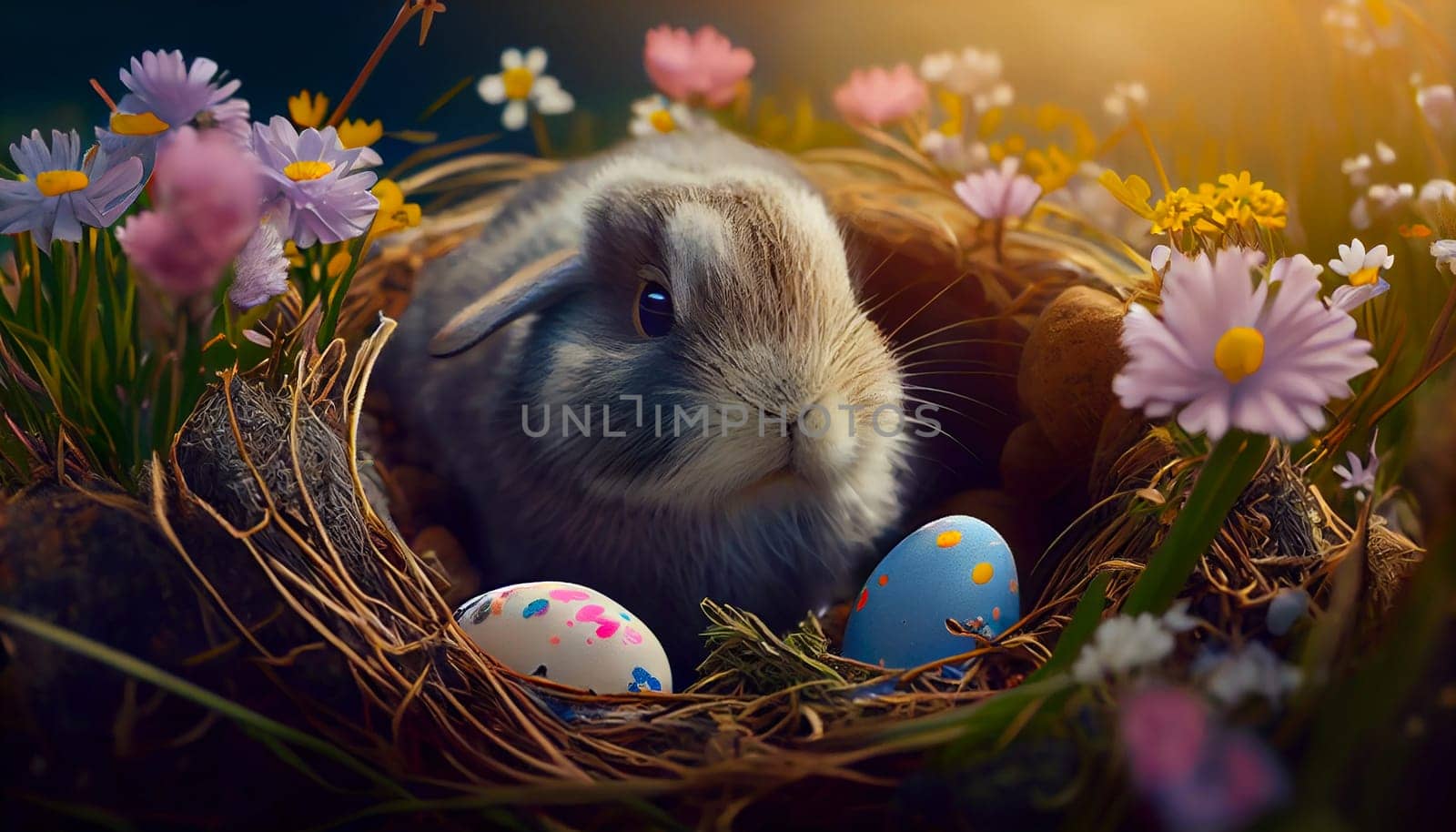 Happy Easter Day Concept. Easter eggs and rabbit bunny in basket on green grass garden and sunny spring, template banner for website, AI Generative