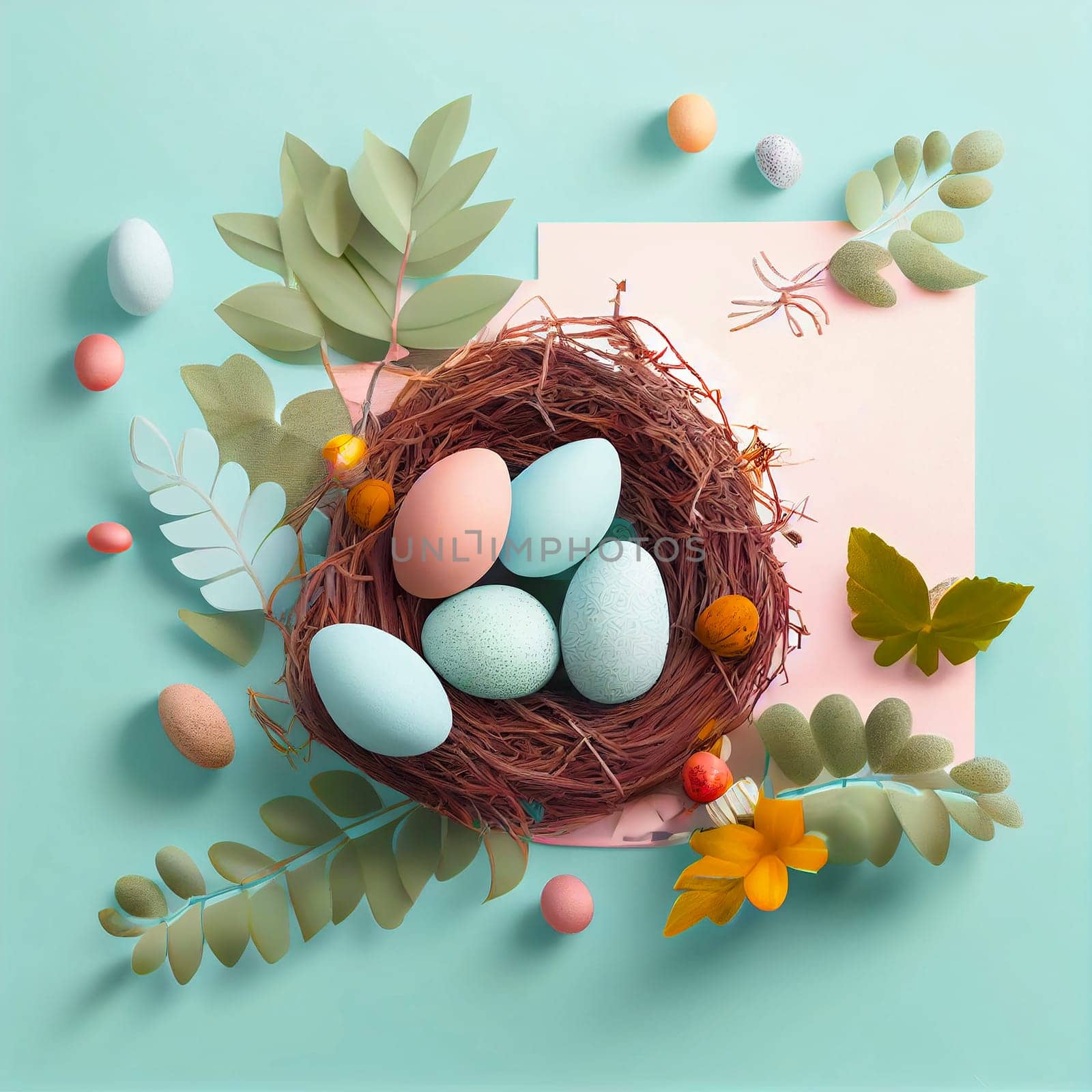 Happy Easter Day Concept. Top view easter eggs isolated on white background with copy space for text, template header for website, AI Generative