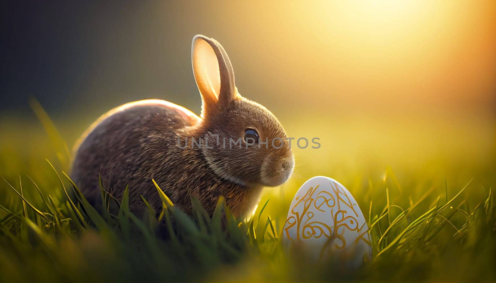 Happy Easter Day Concept. Rabbit bunny and easter egg on green grass garden and sunny spring, template banner for website, AI Generative