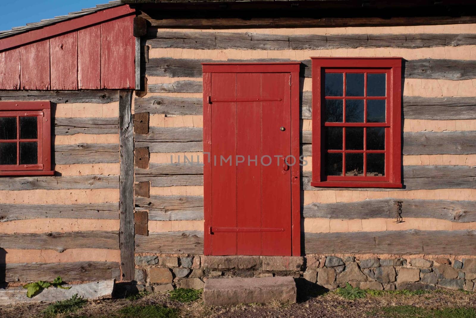 Closeup of exterior of Pennsylvania historic log cabin. Excellent texture and architectural detail and features.