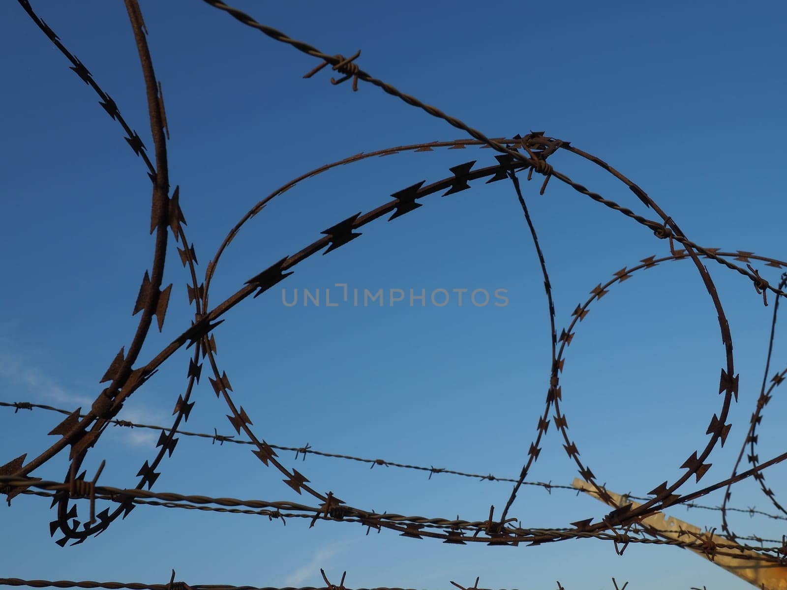 Barbed wire in skeins and stretched against the blue sky. Barbed wire against thieves and vandals. An insurmountable obstacle. Rusty wire, rows, spiral and coils of barbed wire