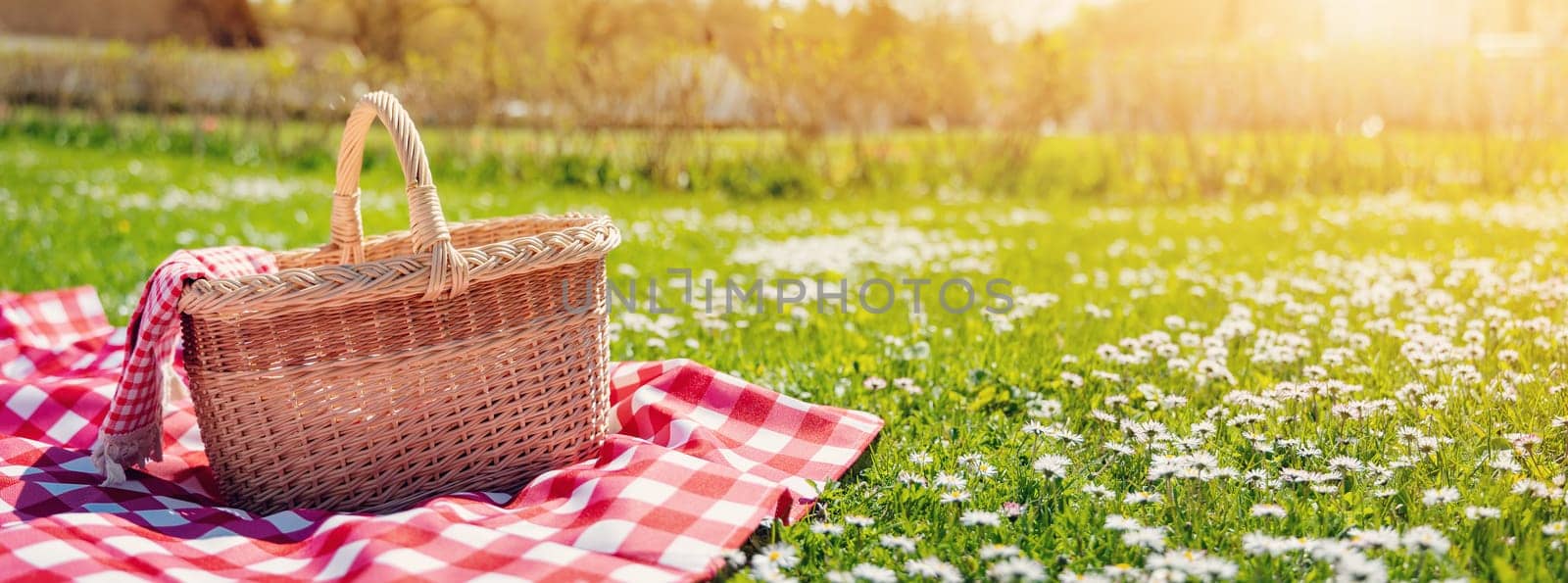 Checkered picnic duvet with empty basket on the blossoming meadow. Concept of leisure and family weekend.