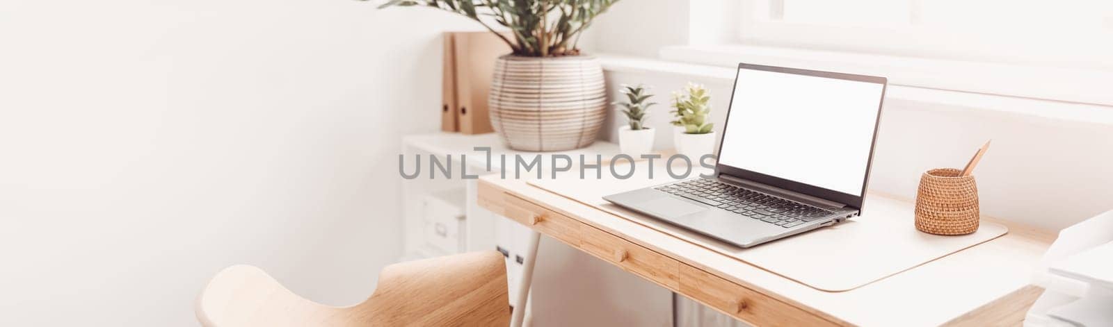 Panoramic view of the office workplace in modern style. Concept of workspace.