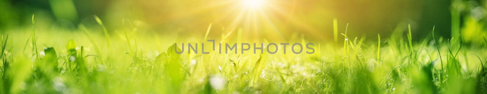 Panoramic closeup view of the fresh green grass in nature. Concept of the wallpapre and background.