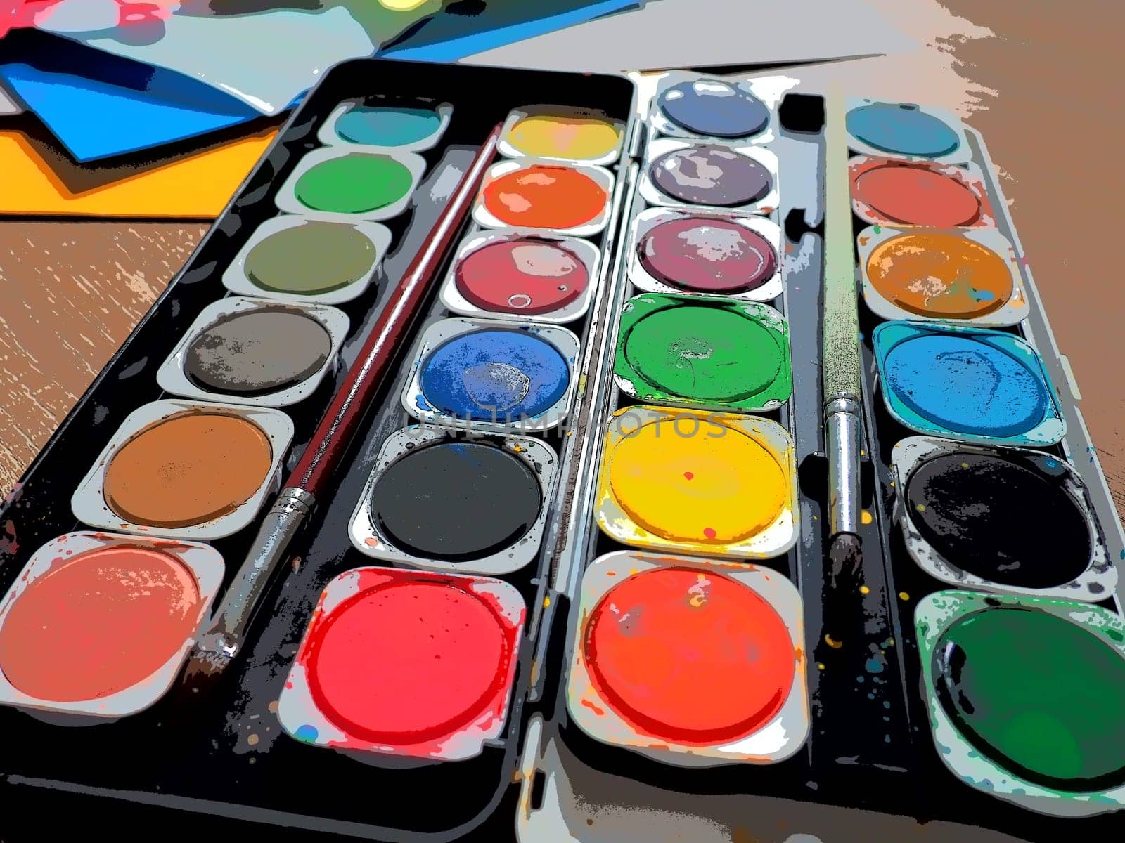 A set of watercolors of different colors for drawing. Multicolored round containers with bright paint. Tools for the lesson of drawing and labor. Colored paper. Red, blue, yellow, green colors