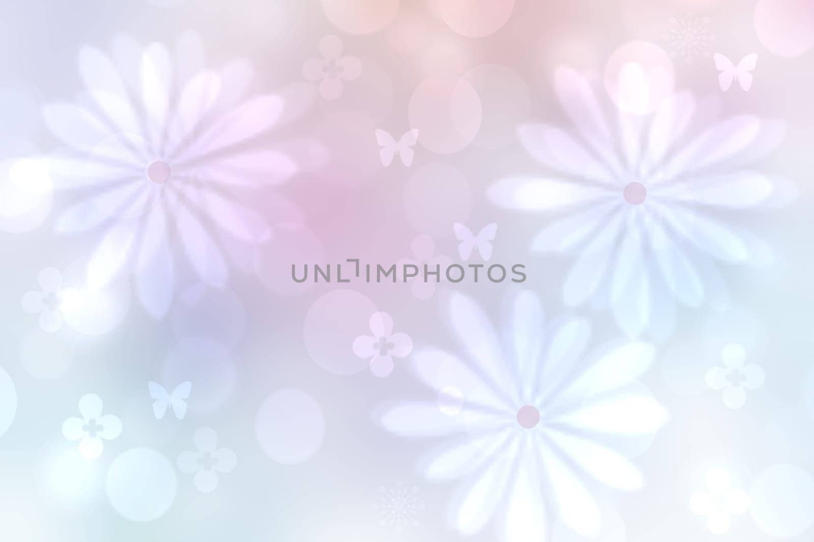 Hello spring background. Abstract delicate bright spring or summer landscape texture with natural blue pink white bokeh blossoms, sunshine and butterflies. Beautiful backdrop with space.