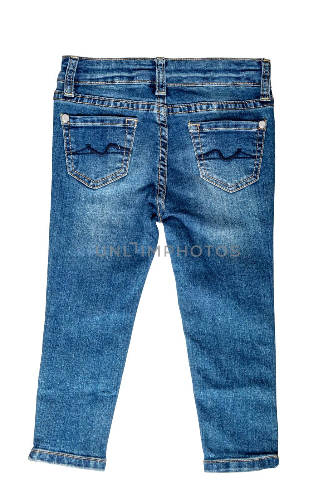 Girls jeans isolated. Elegant trendy stylish female blue jeans trousers isolated on a white background. Clipping path. Fashionable denim pants for kids. Back view.