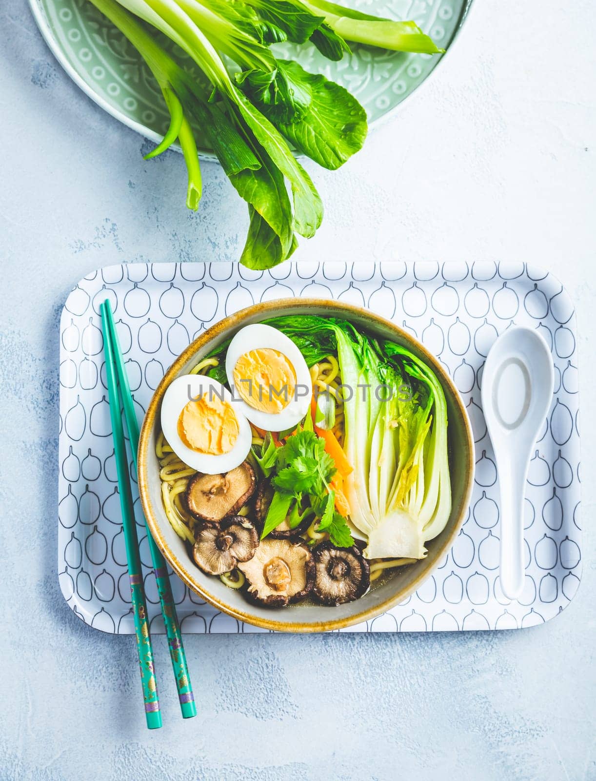 Ramen soup with shiitake mushrooms, vegetables, noodles and egg