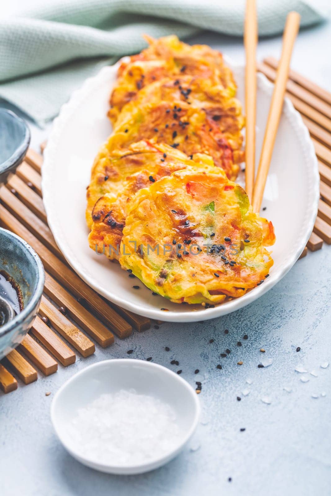 Korean vegetable pancakes with dipping sauce, Korean pizza - Asian food style