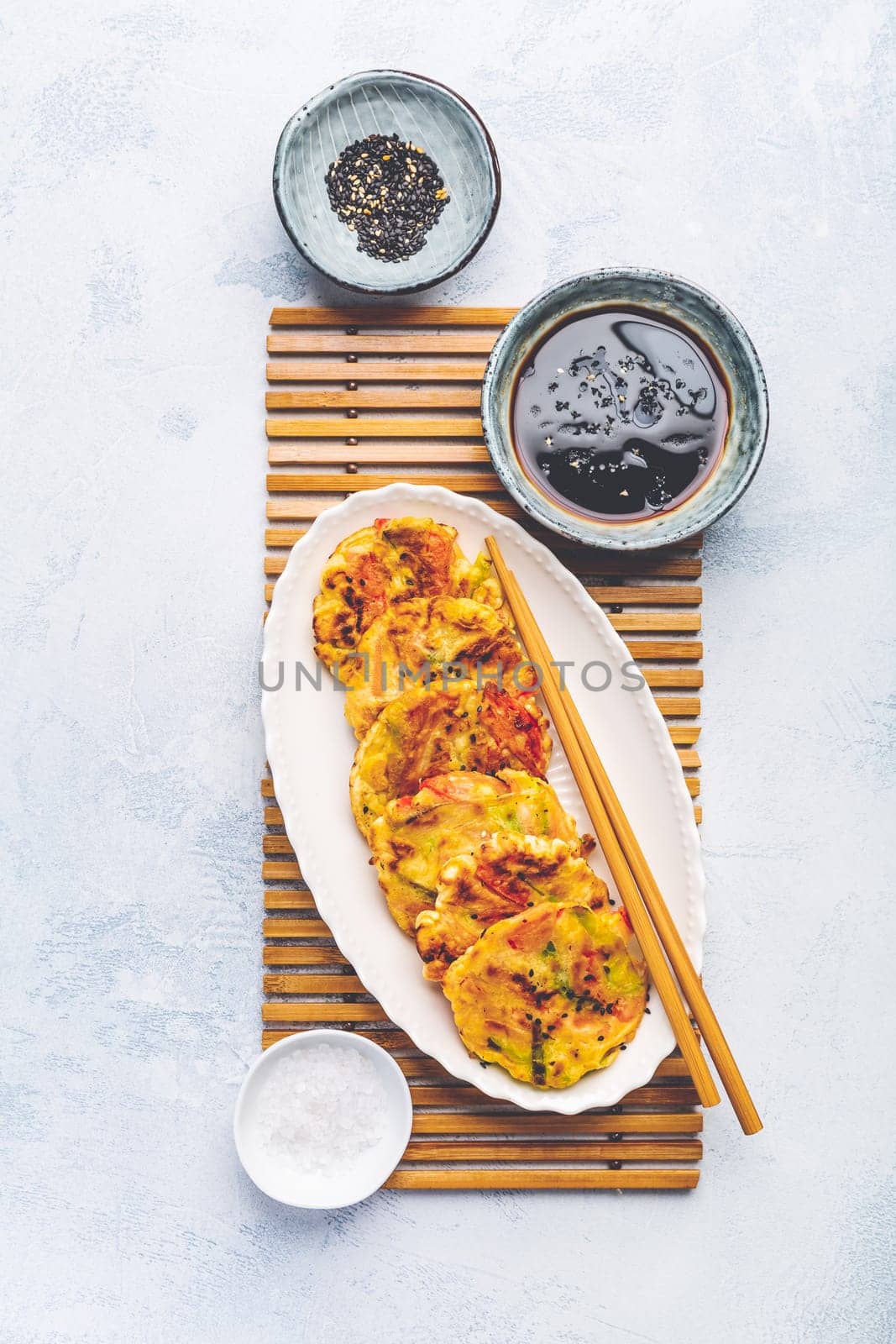Korean vegetable pancakes with dipping sauce, Korean pizza - Asian food style