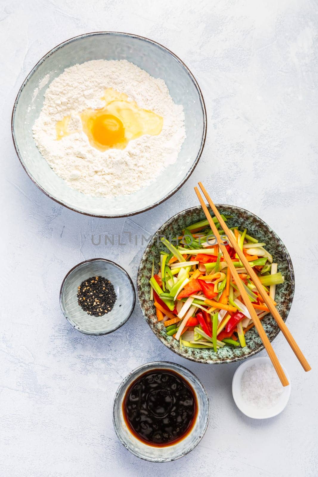 Ingredients for vegetable pancake (Yachaejeon), Pajeon or Korean pancake, Korean pizza - Asian food style