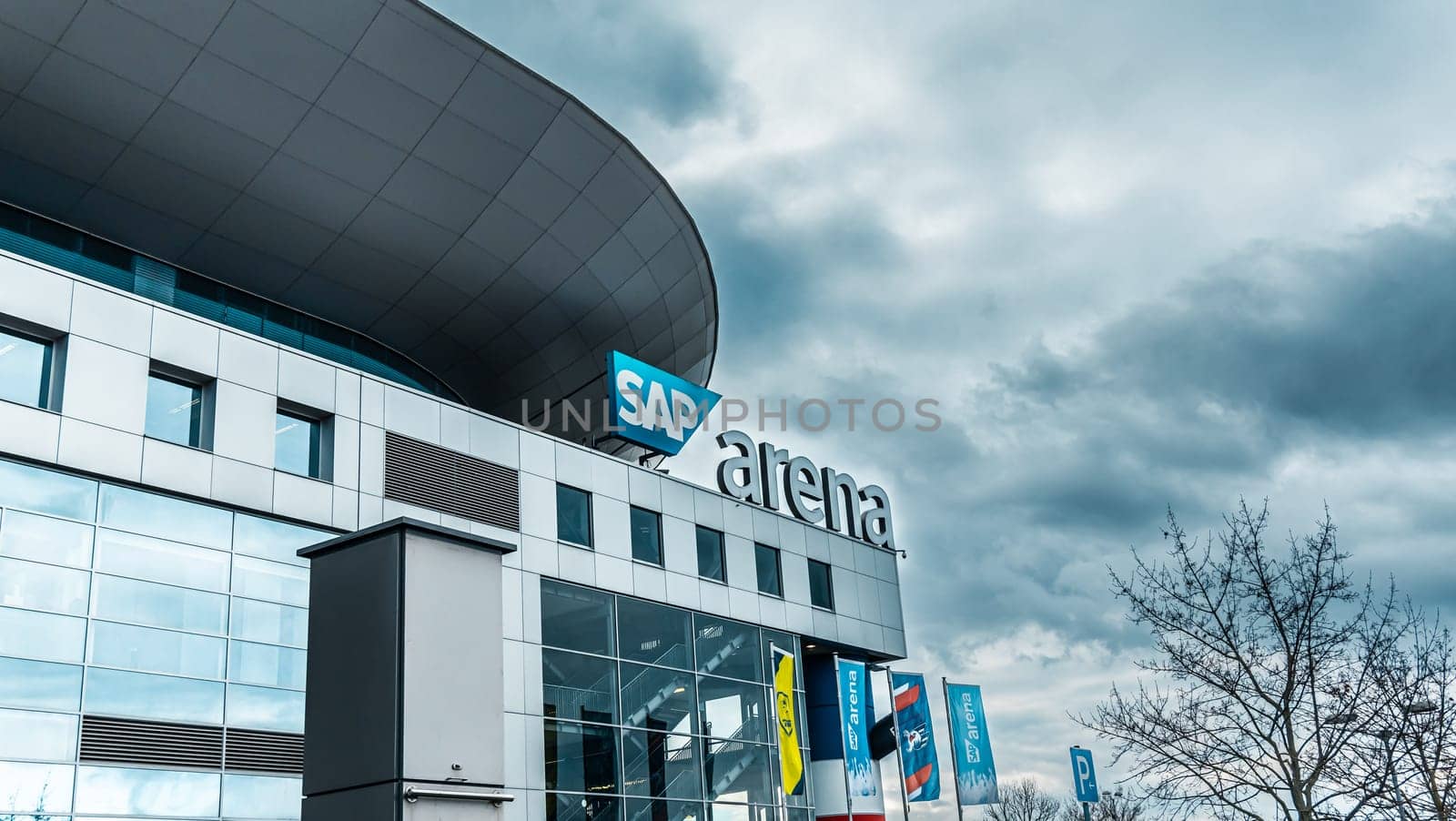 Building and Logo of SAP Arena, multi-purpose arena for sport events and concerts, one of the most high-tech in Europe