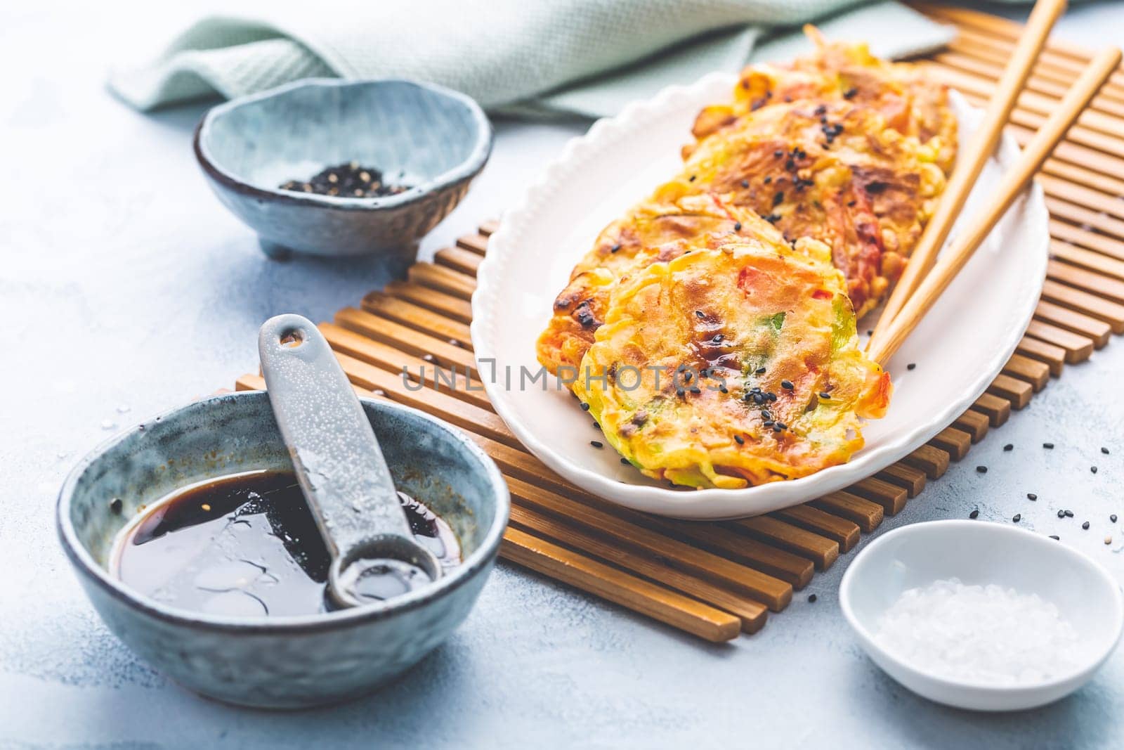 Korean vegetable pancakes with dipping sauce, Korean pizza - Asian food style