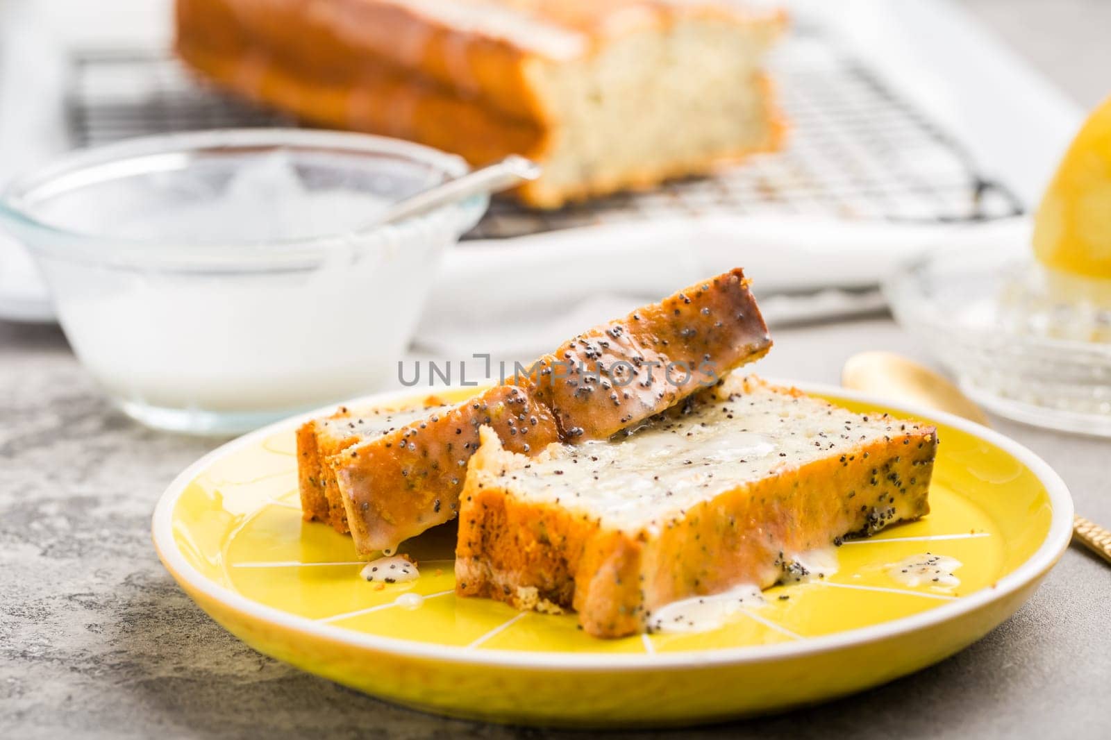 Lemon poppy cake with sugar sweet icing, lemon pound cake loaf