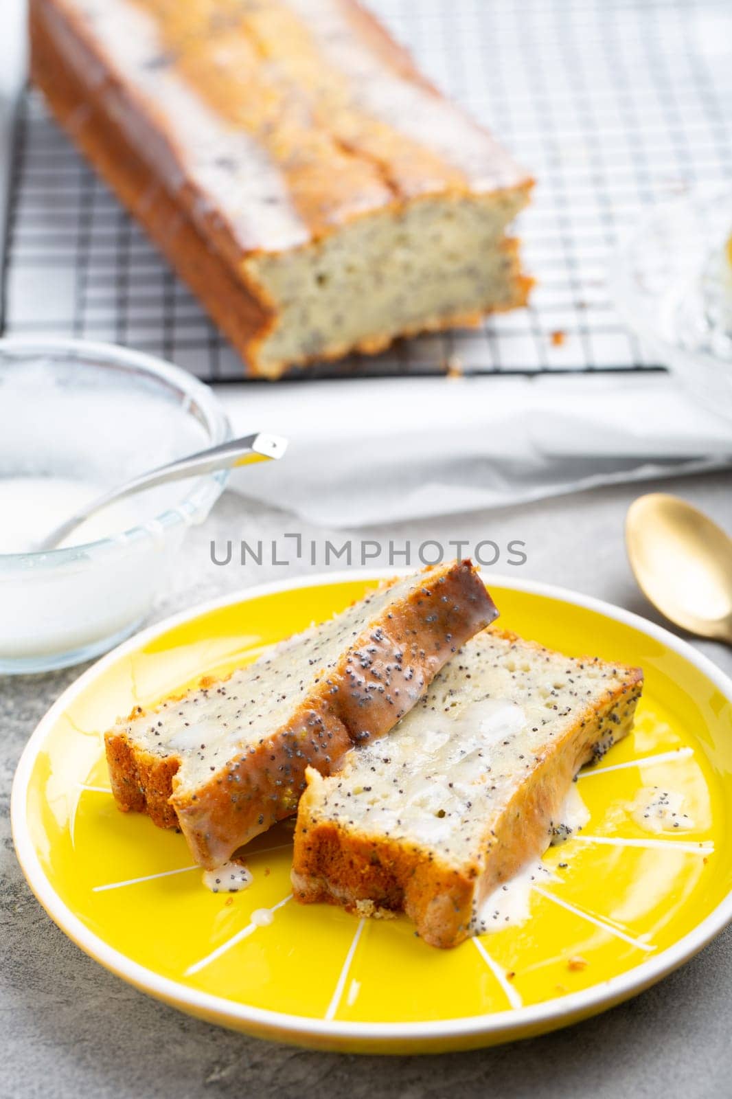 Lemon poppy cake with sugar sweet icing, lemon pound cake loaf