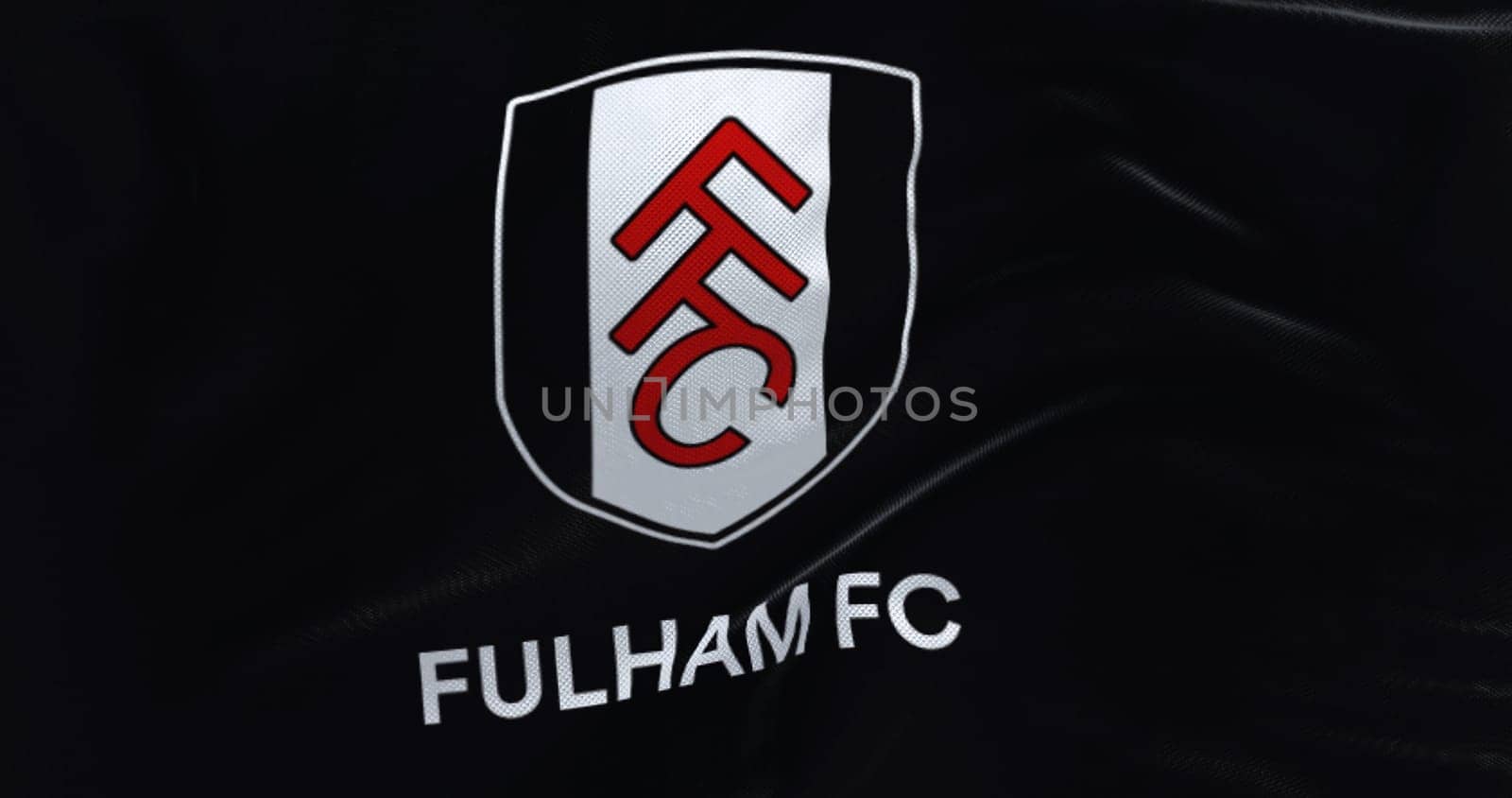 London, UK, jan 2023: flag of Fulham Football Club waving. Professional Football club based in London. English Premier League. Fluttering fabric. Illustrative editorial 3d illustration render