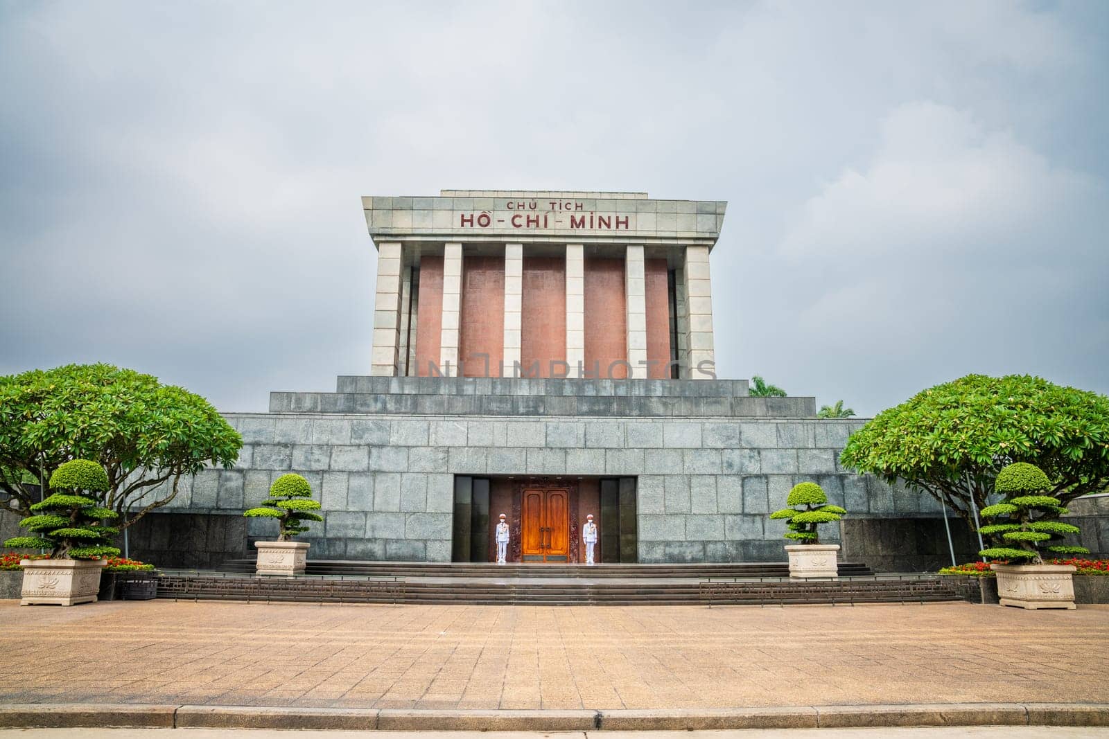 Hanoi, Vietnam, November 13, 2022: Guards stand at attention at the Ho Chi Minh mausoleum entrance in Hanoi, Vietnam