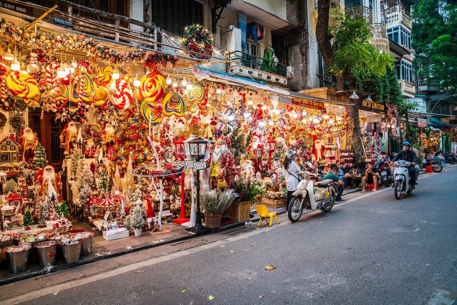 Hanoi, Vietnam, November 14, 2022: Brightly lit display of a Christmas store in French Quarter in Hanoi, Vietnam