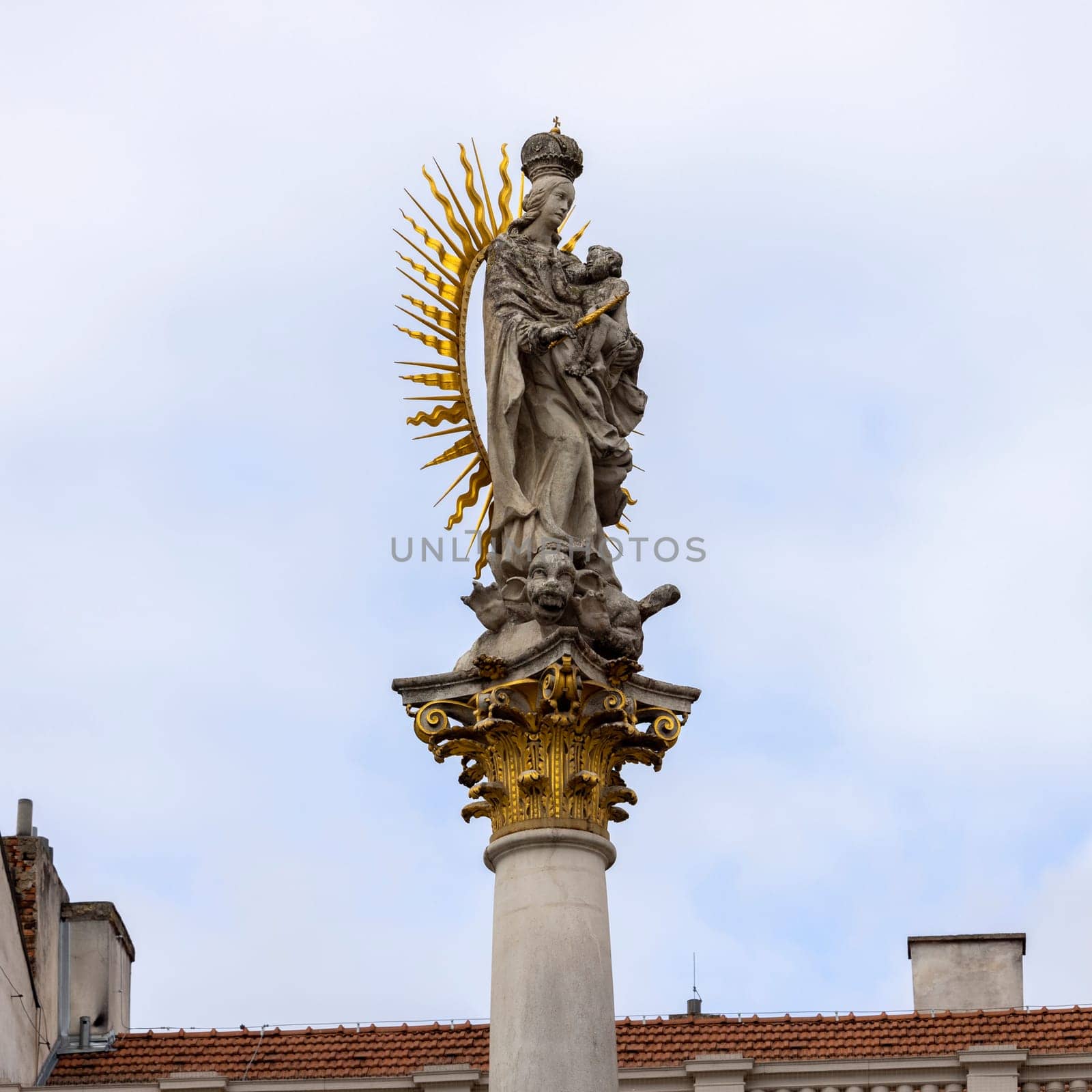 Brno, Czech Republic - March 5, 2023: 17th century Plague Column (Morovy sloup) situated at Freedom Square. It was built to commemorate the end of the plague epidemic