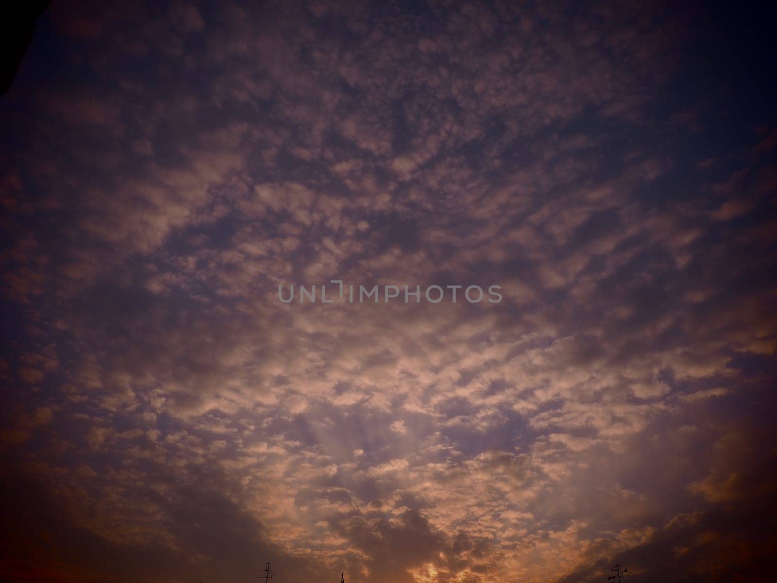 Pink, red, purple sunset sky cloud. Dramatic sunset sky. Wonderful sunset. Clouds in the evening sky. The sun's rays pierce the clouds. Beautiful landscape. The sun goes down.