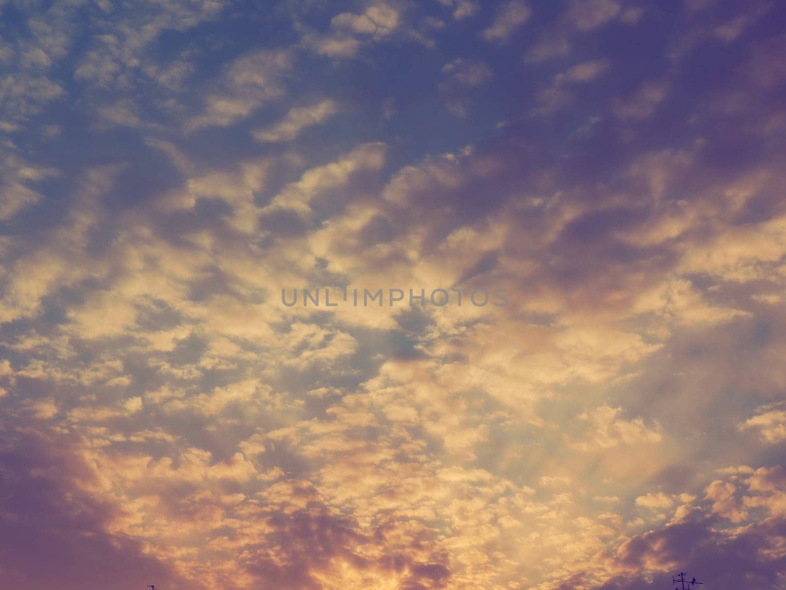 Beautiful, pink and yellow sunset in the sky. The clouds are colored by the low rays of the sun. Blue sky. Wonderful landscape