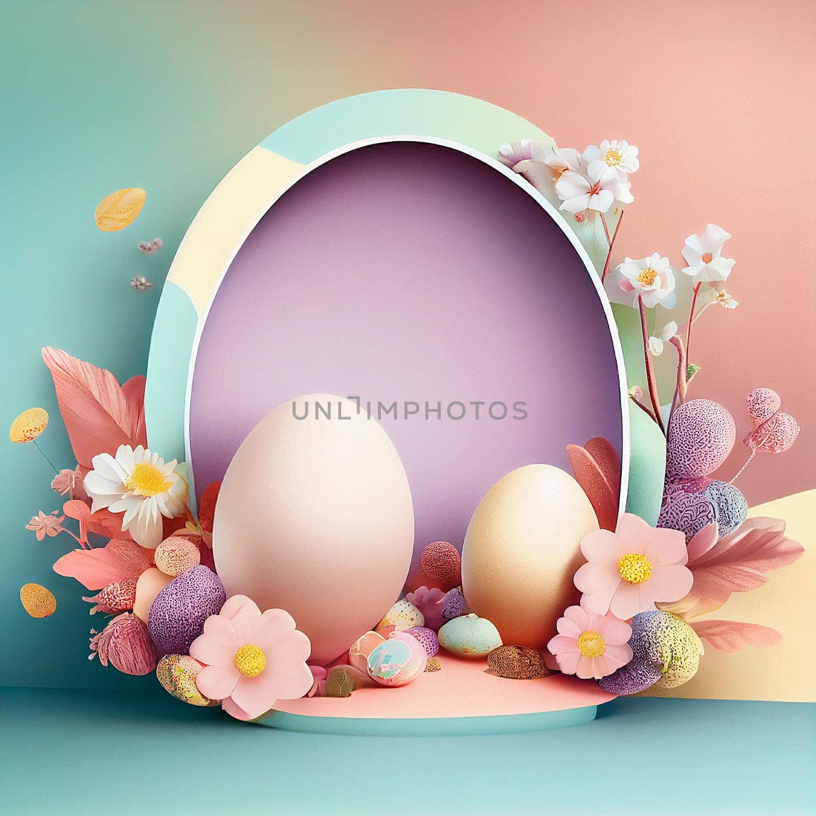 Podium platform and greeting card, easter holiday in spring, pastel colored eggs and flowers, generative AI
