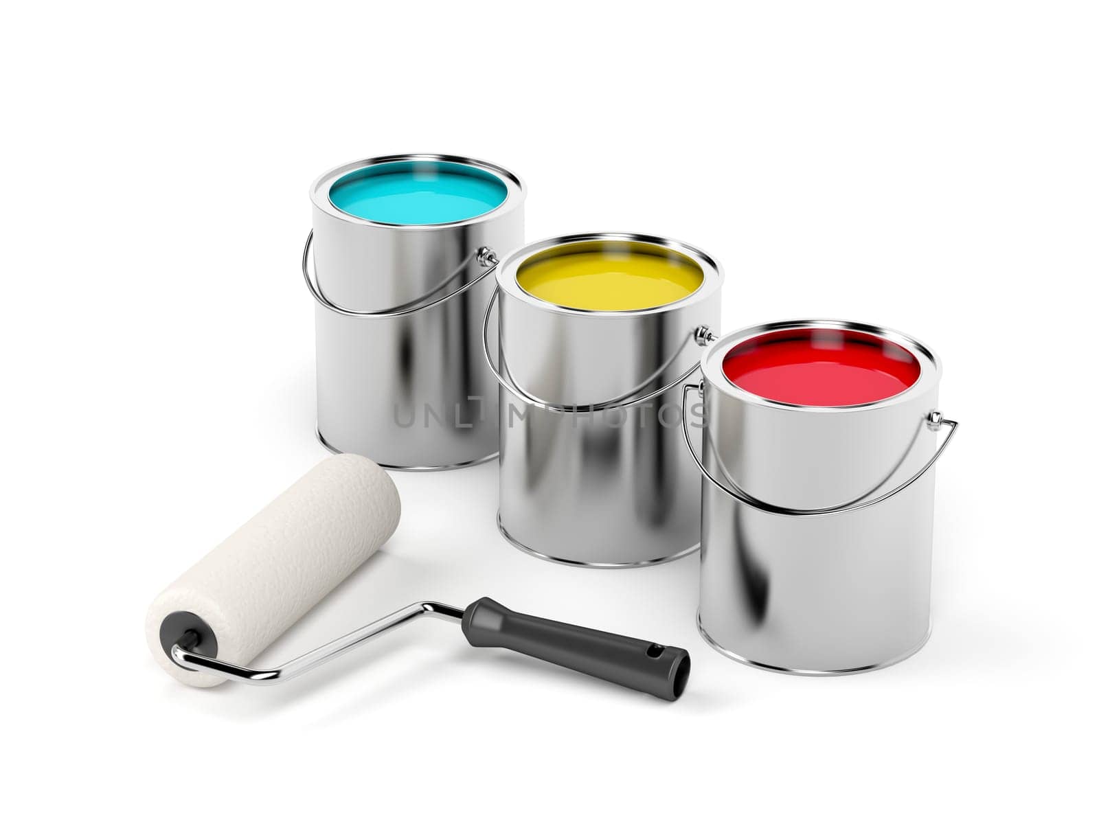 Paint roller and paint canisters with yellow, turquoise and red paints