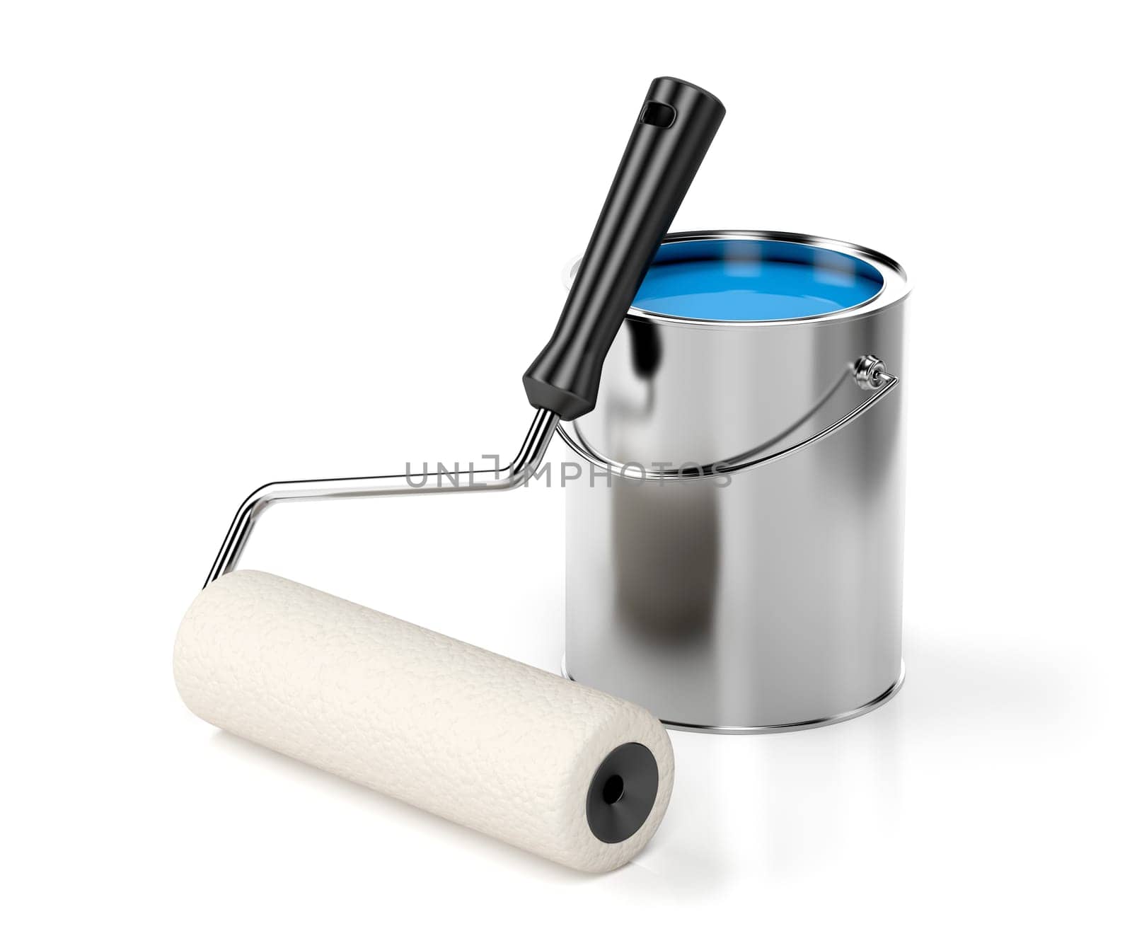 Paint roller and blue paint on shiny white background