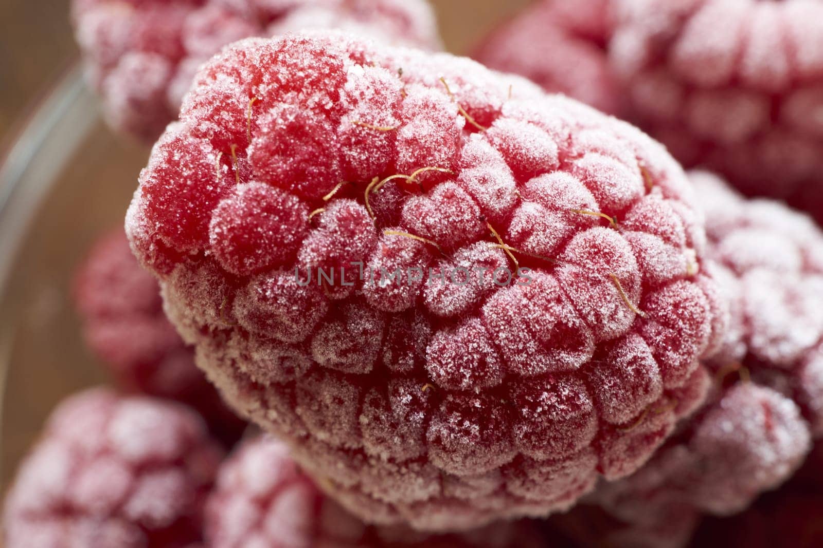 Macro-intake of frozen raspberry with ice crystals
