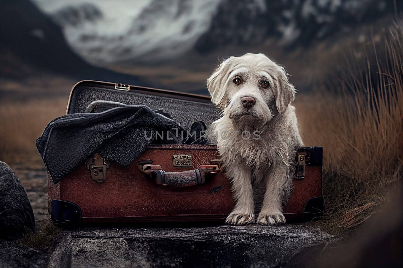 Dog with a suitcase traveling in the mountains, summer holiday, adventure and wanderlust concept, generative AI