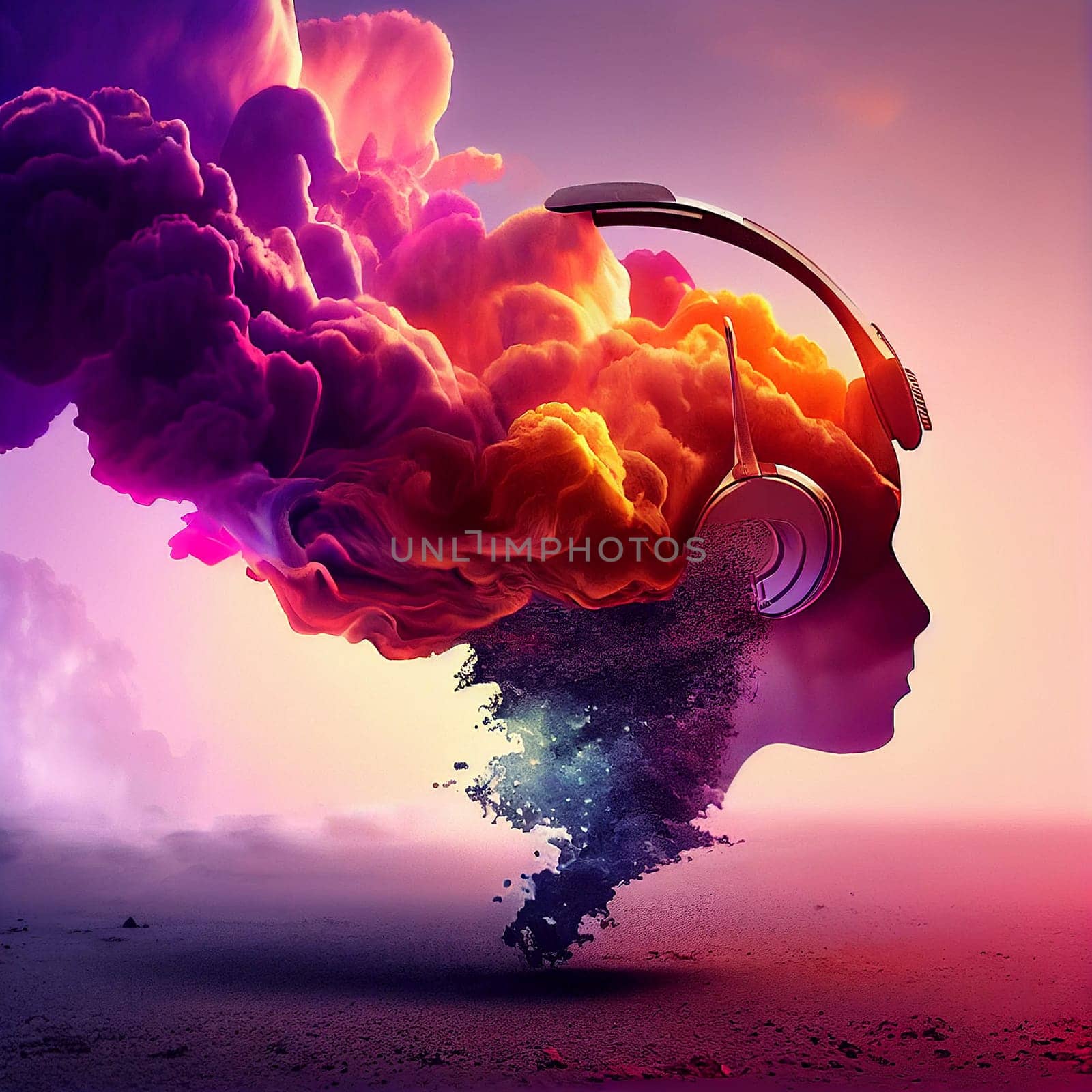 Portrait of a young woman with headphones listening to music, colorful waves and energy, illustration, generative AI