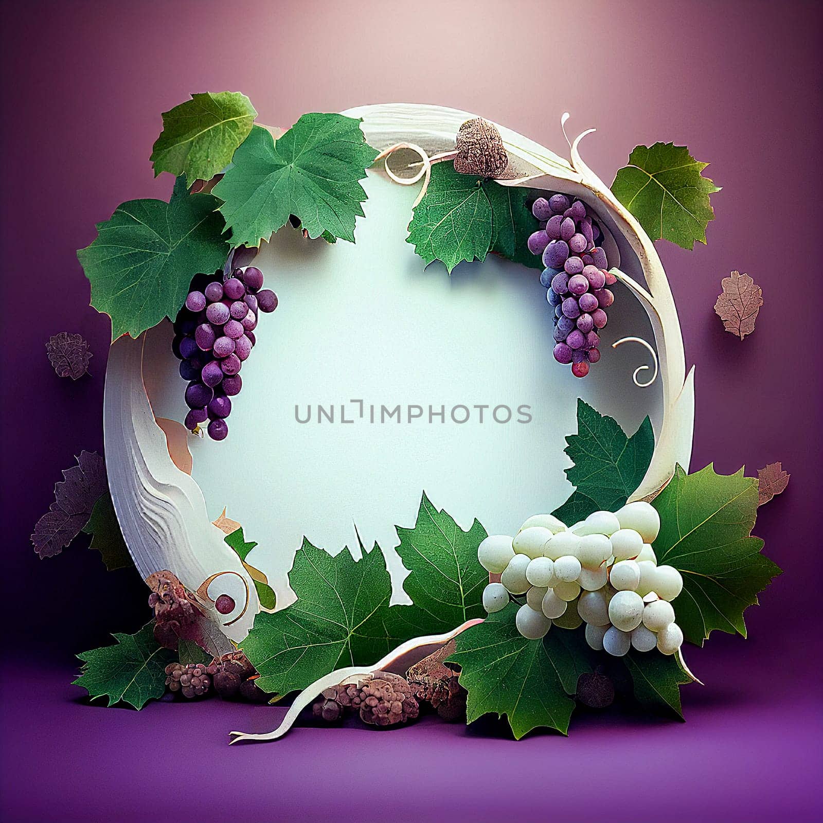 Grapes with vine and leaves, podium platform and product display, wine presentation, generative AI