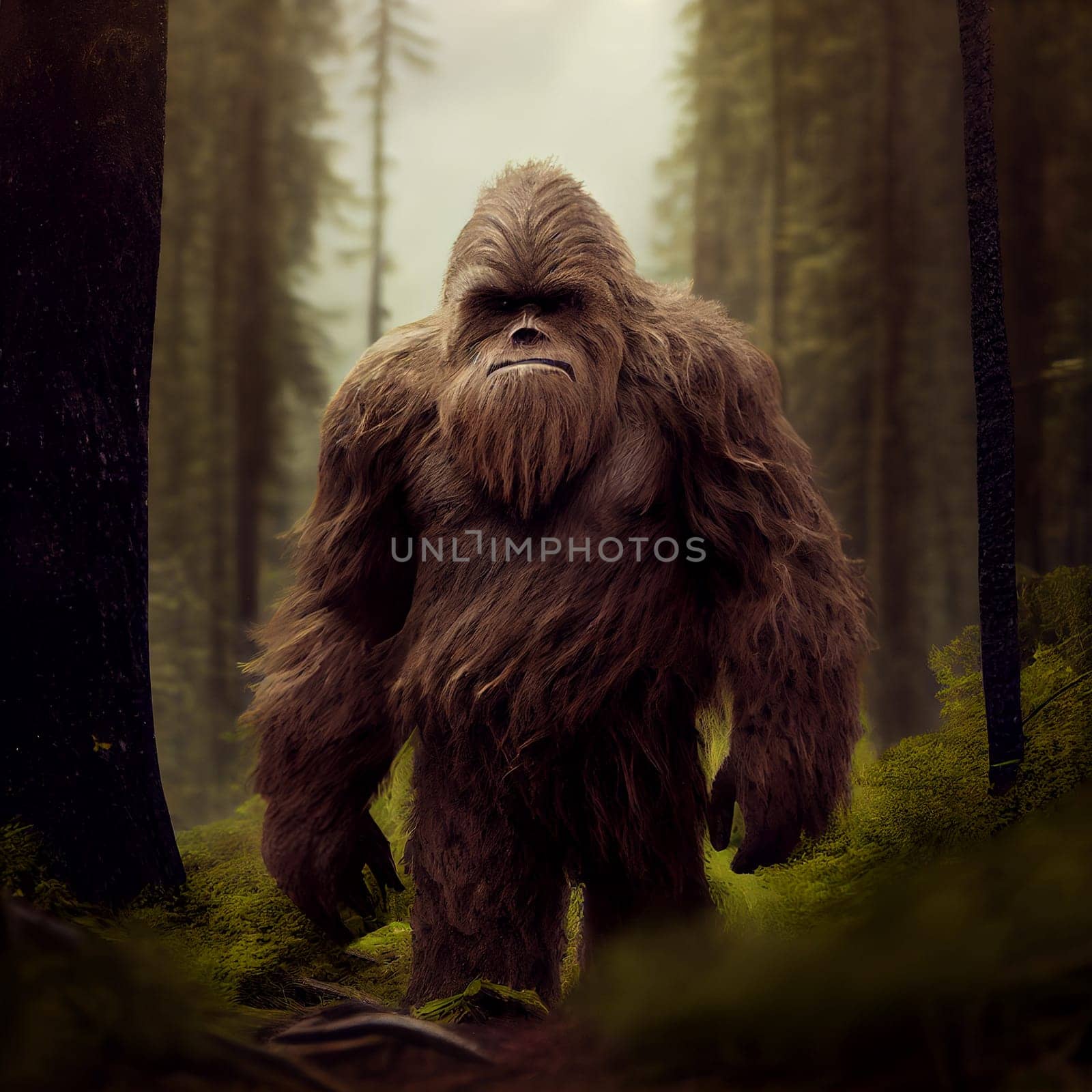 Bigfoot or sasquatch in the forest, mysterious furry creature walking in the woodlands, tall trees, Illustration, gernative ai
